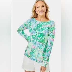 Lilly Pulitzer Pastel Green Pink Blue Tropical Boat-Neck Top
